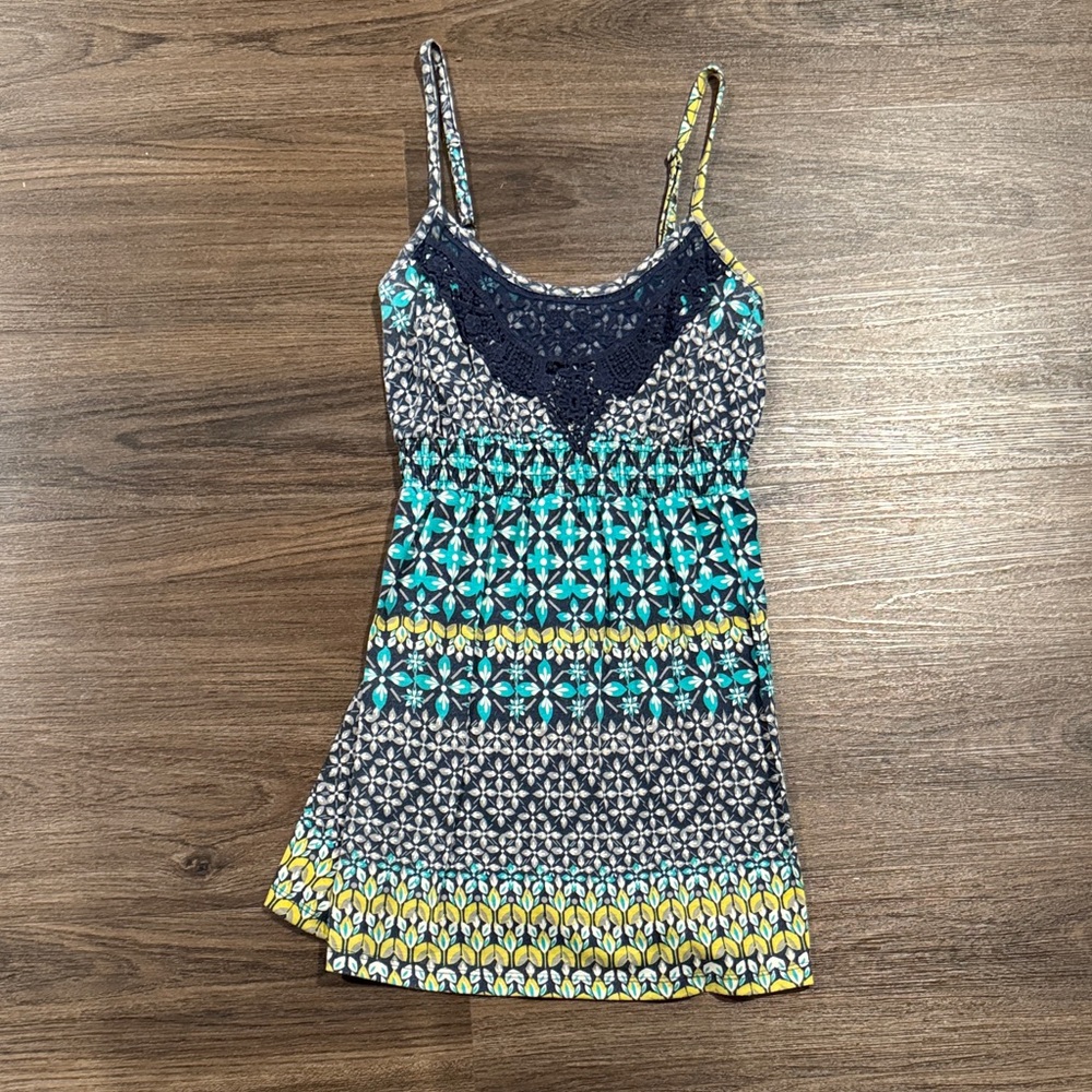 Multicolor Green Blue Yellow Patterned Tunic Tank Spaghetti Strap Top